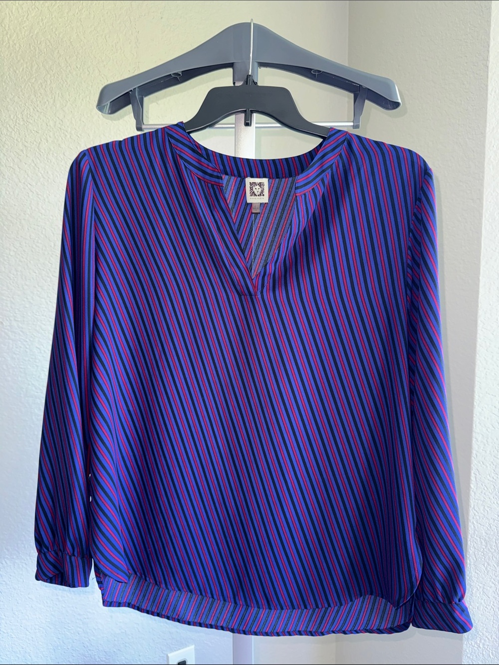Ann Klein Striped V-Neck Long-Sleeve Blouse in Blue and Pink